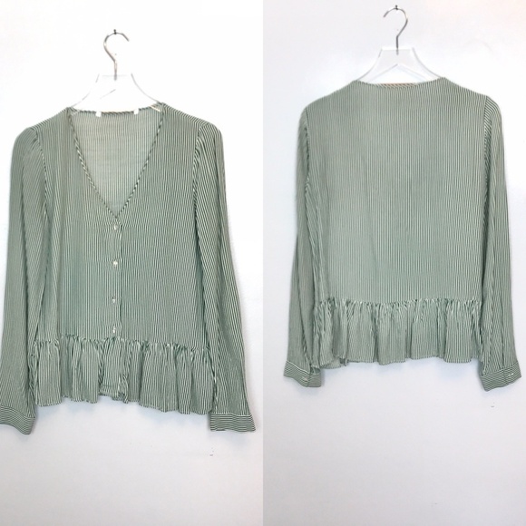 Zara Trafaluc Green/White V-Neck Peplum Blouse M - Picture 1 of 8